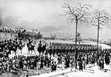 De Decembristenopstand, 1825, Senaatsplein, St. Petersburg, Rusland, Tsaar Nicolaas I beveelt kanonnen af te vuren op de rebellen, 14 december 1825, naar een oude aquarel van K. Kolman